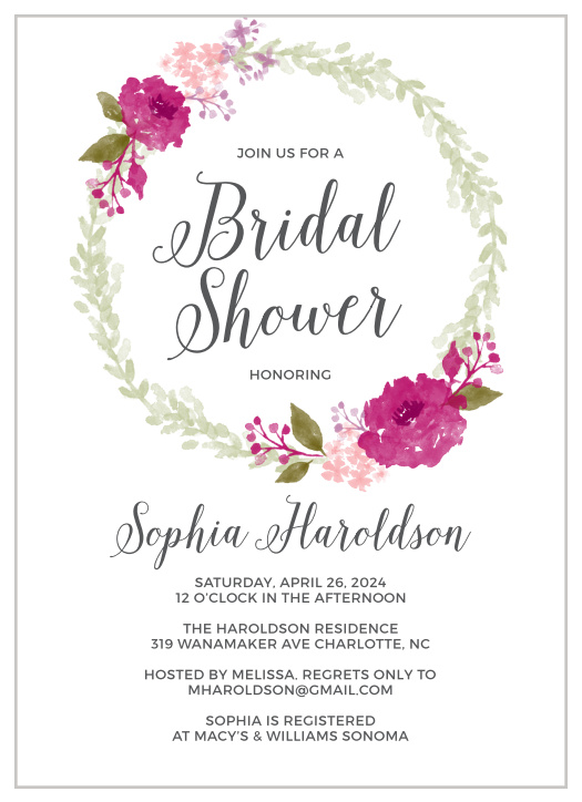 The Watercolor Wreath Bridal Shower Invitations are sweet with a romantic feel.