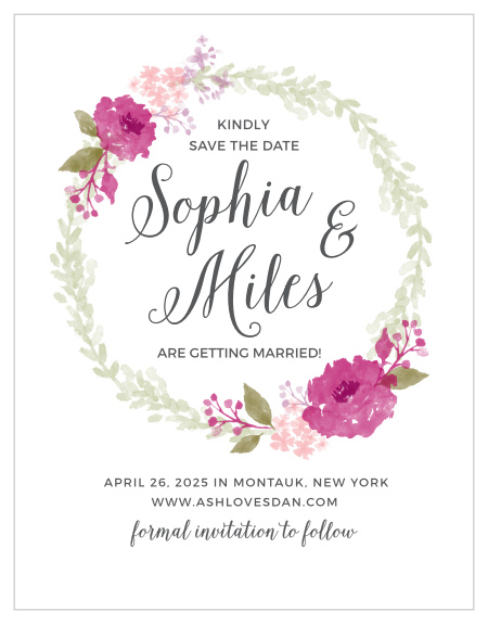 Announce your wedding with the Watercolor Wreath Save-the-Date Magnets. 