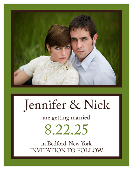 Trendy and posh describe this save-the-date design. Our Initials Square is versatile, having a large photograph area at the top followed by a text box for all of your information.