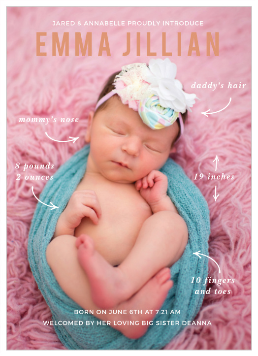 Our Arrow Stats Girl Foil Birth Announcements are cute and unique designs to easily share information about your new baby with your loved ones!