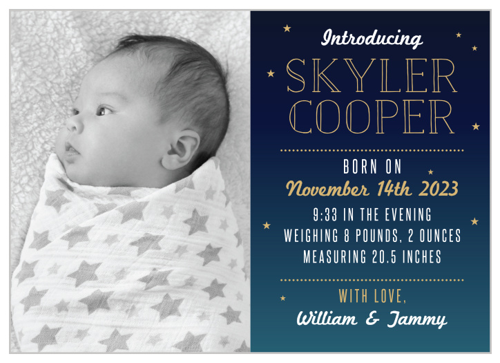 The Bright Night Foil Birth Announcements give you half the card to show off your new bundle of joy with a great big photo.