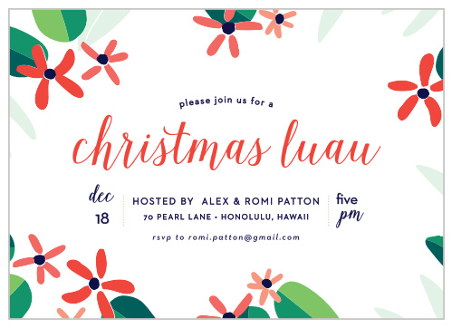 Tropical flowers and foliage border the Totally Tropical Christmas Party Invitations.