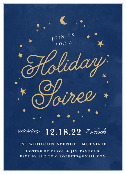 With a circle of celestial bodies to serve as its frame, the gently curving calligraphy of your Starry Night Foil Holiday Party Invitations is breathtaking against the undulating deep blues of the background.
