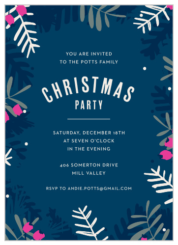 Featuring cheerful, timeless typefaces, a gorgeous deep blue background, and adorned with various evergreen branches and berries, our Blue Branches Christmas Party Invitations are a fantastically festive way to ensure that your loved ones join you at your party. 