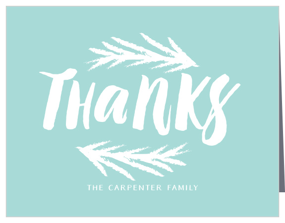 A white, festive text on a glass blue background creates the perfect color combination for our Seasonal Brushstroke Holiday Thank You Cards.