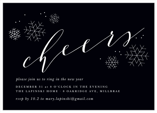 A rich black serves as the foundation for our Charcoal Chic New Years Party Invitations, graced by a collection of snowflakes and two beautiful typefaces.
