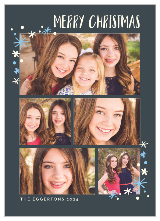 With an assortment of your beautiful family photos, a festive typeface for your title, a light scattering of snow around the edges, and an onyx gray backdrop for it all, our Retro Celebration Christmas Cards combine classic holiday spirit with modern design elements. 