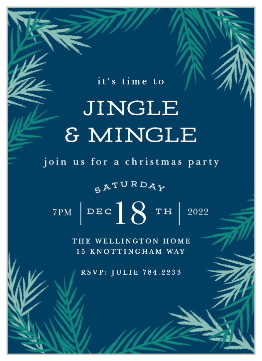 A dark cloud blue forms the background for your Cool Conifer Christmas Party Invitations. 