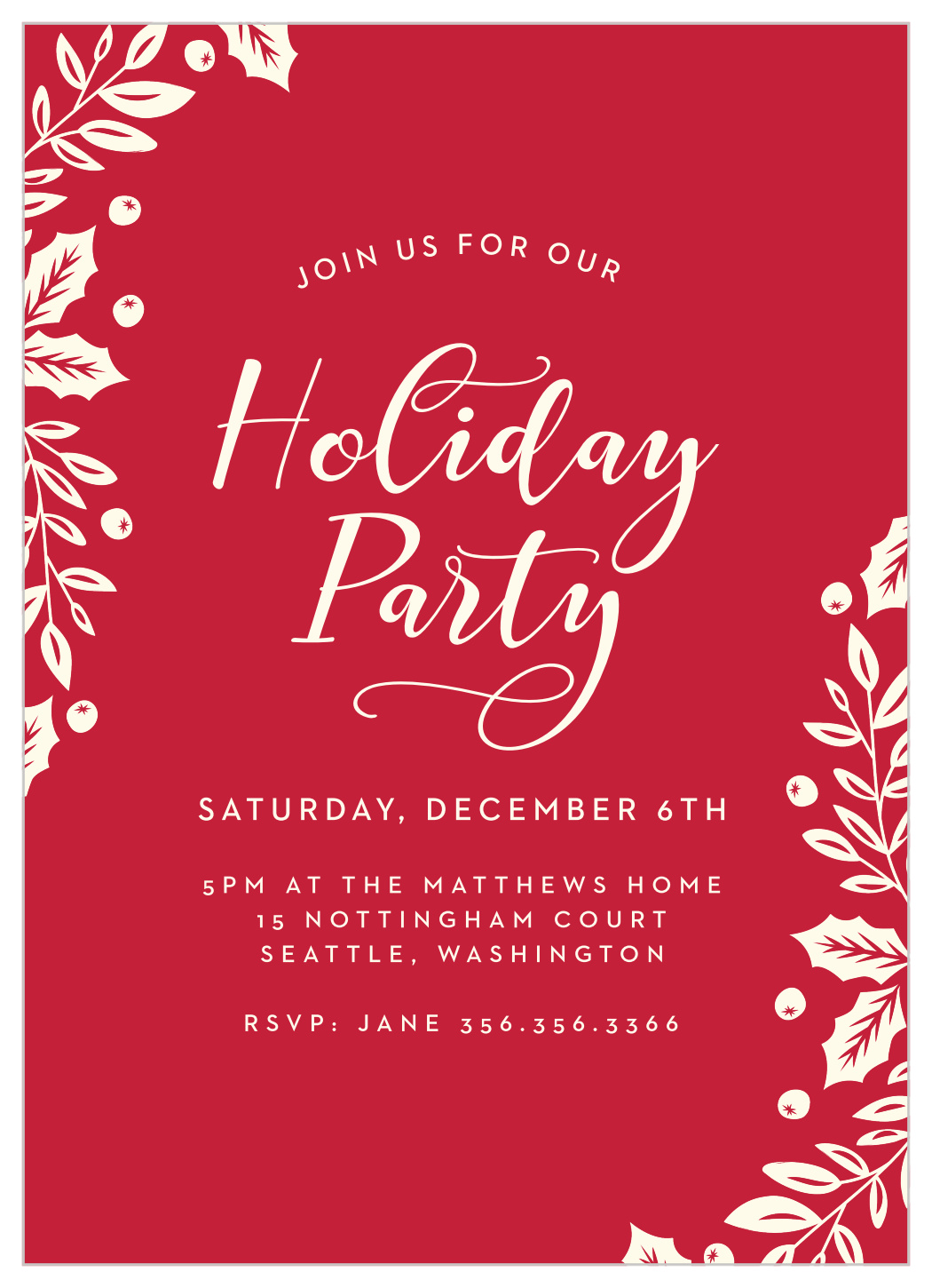Elegant Holly Holiday Invitations