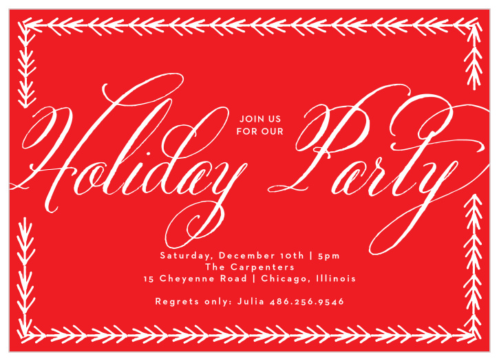 For our Fancy Calligraphy Holiday Party Invitations, we've created a beautiful contrast between the sheer white designs and the poppy-plant red background. 