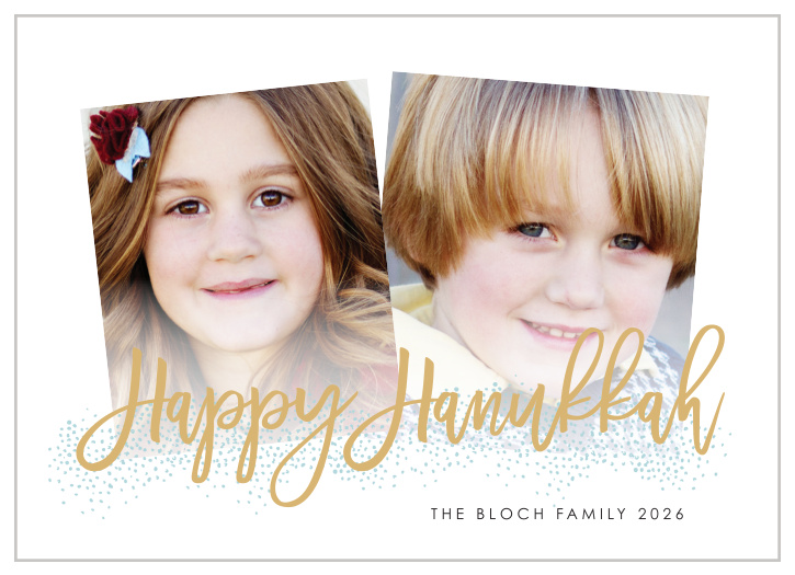 With two slightly askew photos serving as the centerpiece of our Modern Handwritten Foil Hanukkah Cards, you can be confident that your loved ones will appreciate the holiday greetings.