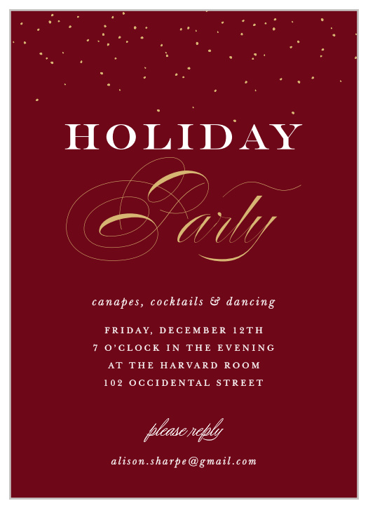 Festive Elegance Foil Holiday Party Invitations, in a deep tuscany red and contrasted with foiled calligraphy in your choice of gold, silver, or rose gold, are a truly elegant way for you to welcome your loved ones this season.