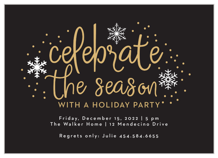 Handwritten Joy Foil Holiday Party Invitations are reminiscent of a beautiful winter night with a gold-foiled, handwritten font that's set against a rich black background, surrounded by intricate illustrations of snow.
