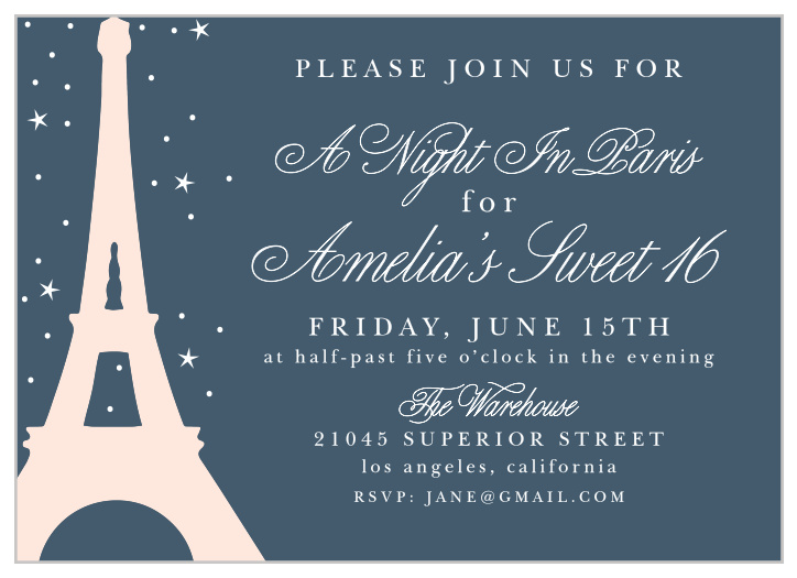 The background of our A Night in Paris Party Invitations is the beautiful color of a night sky, gently illuminated by distant stars.