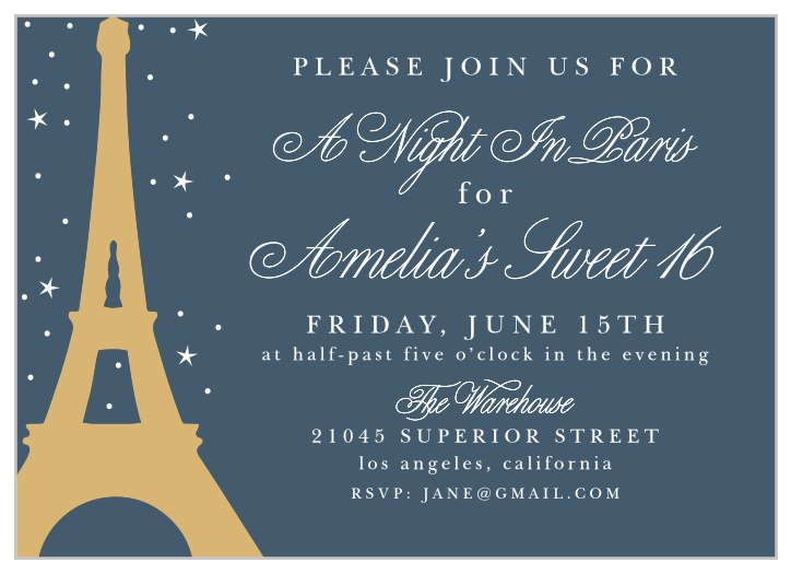 The background of our A Night in Paris Foil Party Invitations is the beautiful color of a night sky, gently illuminated by distant stars.