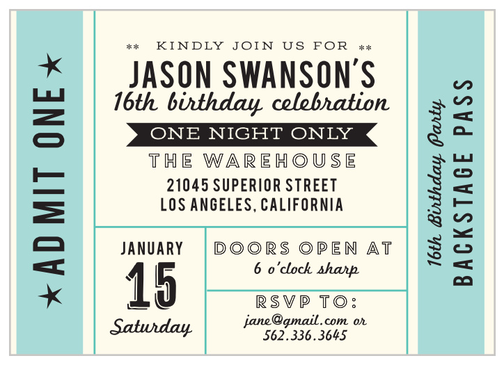 Our Backstage Pass Party Invitations neatly separate the particulars of your party into subsections, each with a small bite of relevant information.