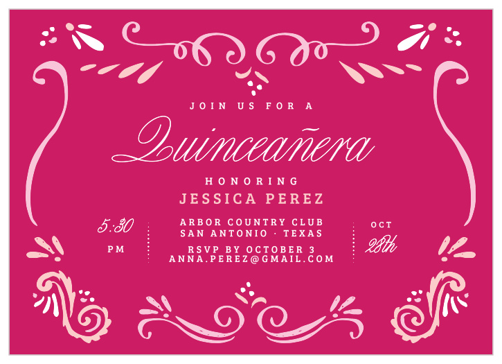 Bandana Paisley Party Invitation provide a clever collection of swirling shapes to set the tone for your daughter's Quinceañera, and the fuschia pink background they've been placed against creates a gorgeous contrast with the lighter pinks and whites.