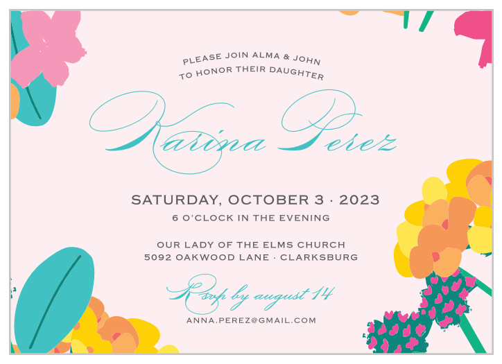 Festive Bouquet Party Invitation is the answer to your celebration needs. On a smoothie-pink background and surrounded by a collection of multi-colored floral designs, the coastal-blue calligraphy that your daughter's name is written in perfectly sets the tone for the thrilling elegance of her quinceañera.