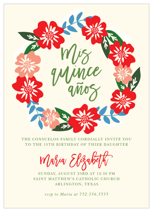 An elegant scrawl is crowned in poppy red and sienna pink flowers with steel blue accents, set against a cream background for our Hardy Hibiscus Quinceañera Party Invitation. 