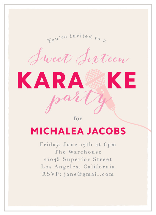 A trio of pinks- cotton candy, pomegranate, and french-rose -decorates our Cool Karaoke Sweet Sixteen Party Invitations.