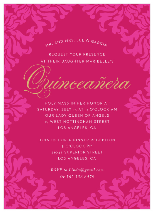 Make a statement with our Velvet Foil Quinceañera Party Invitations. Plush, watermelon pink "Velvet" designs border the outside of this foil party invitation.