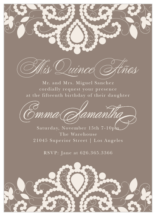 Delicately designed, with intricate illustrations of "Luxurious Lace" in pearl white and a taupe background, these party invitations will make for a lovely and lavish party. 