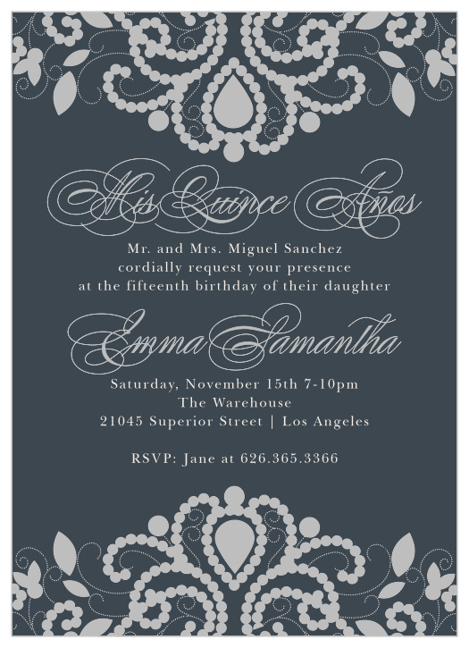 Delicately designed, with intricate illustrations of "Luxurious Lace" in silver foil and an onyx background, these foil party invitation will make for a lovely and lavish party.