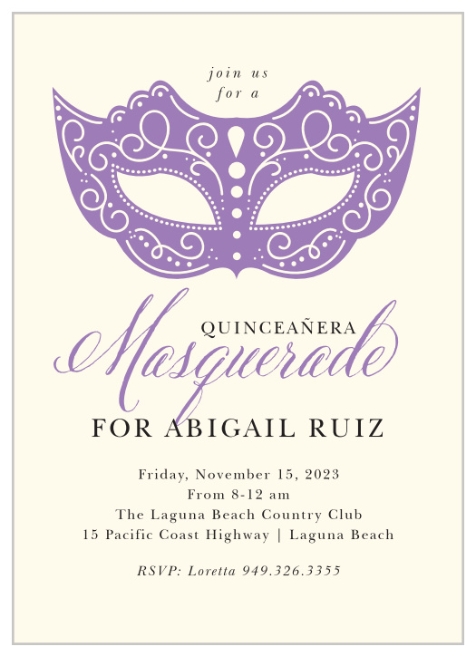 An intricate, soulmate purple mask and decorative calligraphy contrasts with a cream background on our Masquerade Mask Quinceañera Party Invitations.