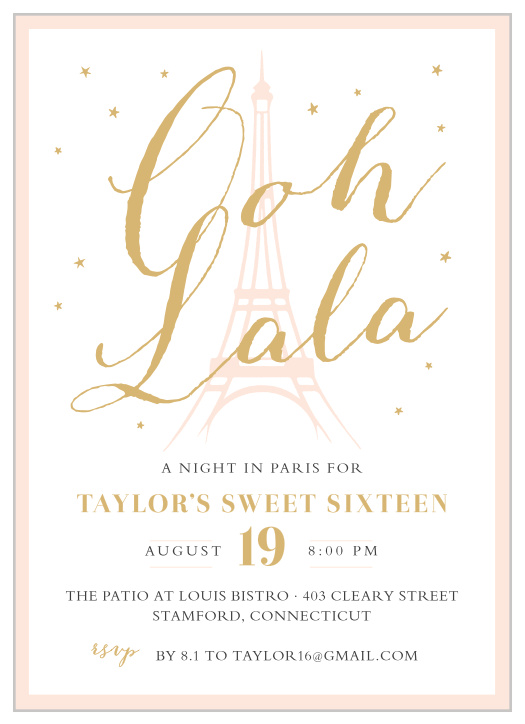 With the light outline of the Eiffel Tower in the background of our Paris Passion Foil Sweet Sixteen Party Invitations and the phrase " Ooh Lala" in a gold, foiled script titling the page, these cards are a perfect picture of the classic elegance that your guests will experience at your party. 