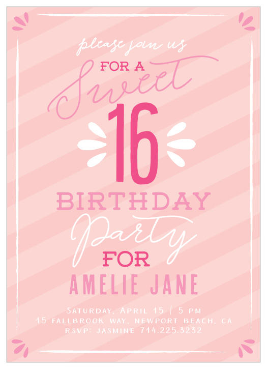 Sweetly striped and featuring a collection of contrasting pinks, as well as the subtle addition of some white text for the sake of variety, our Sugar Sweet Party Invitations are a throwback to the sweet girl that you can still see.