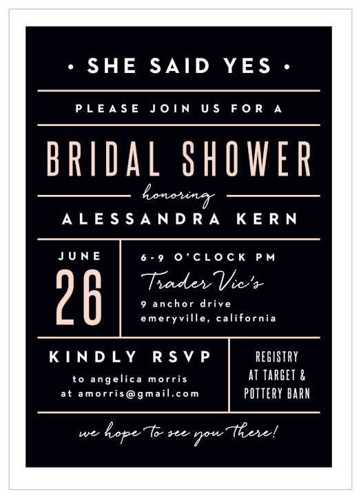 The Subway Art Bridal invitation has an array of colors and fonts. It is modern, creative and exciting. Fully customizable!