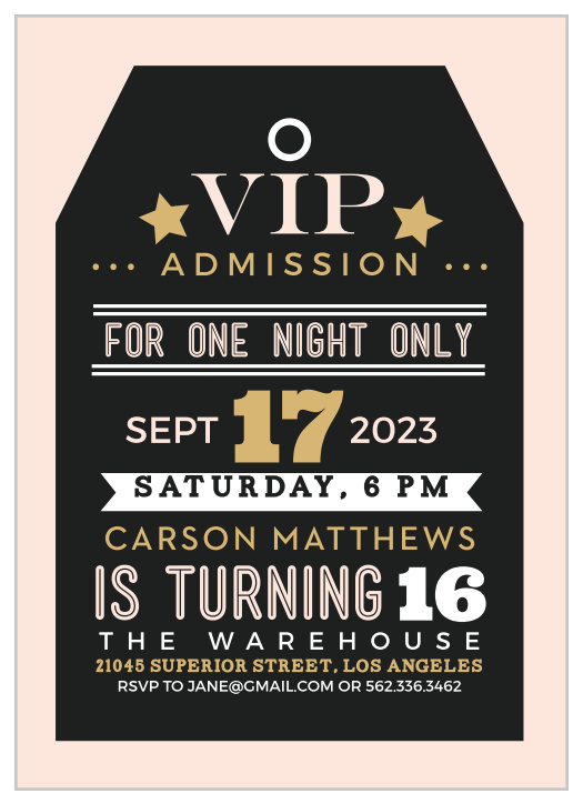 Using a variety of different fonts in both a light coral pink and your choice of gold, silver, or rose gold foil, this card has been illustrated excellently to look and feel like an elite and authentic "VIP Tag".