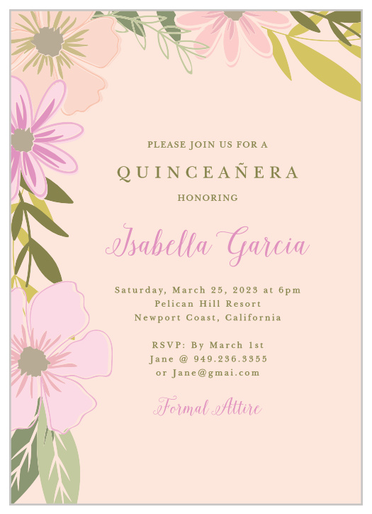 The delicate, light coral background on our Pretty Posies Quinceañera Party Invitations creates the perfect tone for this formal card.