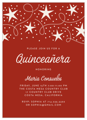 Our sangria-red Star Spangled Quinceañera Party Invitation combines classic elegance with a modern mastery of design.