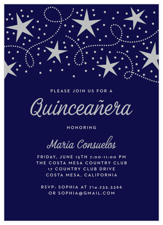 Our dusk-purple Star Spangled Foil Quinceañera Party Invitation combines classic elegance with a modern mastery of design.