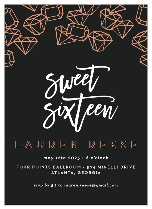 A diamond in the rough, just like your metamorphosing child, our Scattered Jewels Foil Sweet Sixteen Party Invitations are perfect to represent them for this milestone birthday!