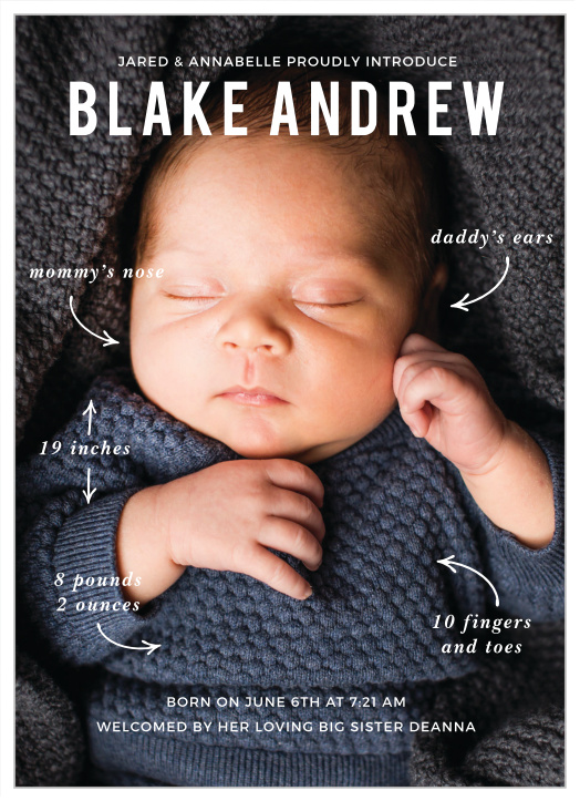 Our Arrow Stats Boy Birth Announcements are cute and unique designs to easily share information about your new baby with your loved ones! 