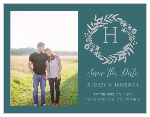 A gorgeous photo of yourselves decorates the left-hand side of our Blooming Monogram Foil Save-the-Date Cards.