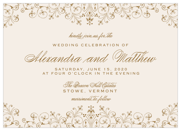 Our bronze and pearl-white Floral Filigree Wedding Invitations are the picture of classical elegance. 