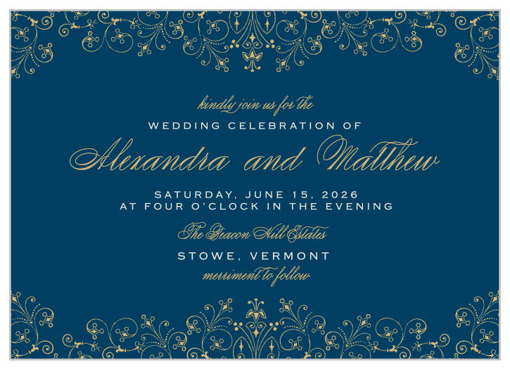 Our gold foil and indigo blue Floral Filigree Foil Wedding Invitations are the picture of classical elegance.