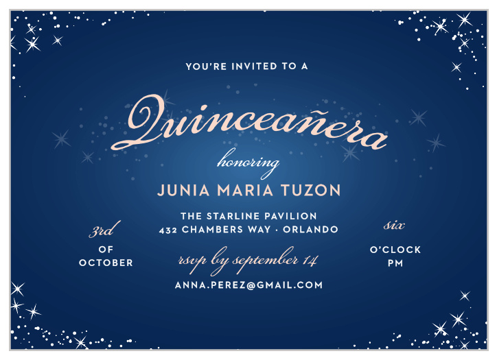 The Sparkle Dust Quinceañera Party Invitation are artfully dusted with illustrations of sparkles across a luminous background that has a caribbean blue center slowly transitioning into a deep sea blue. 