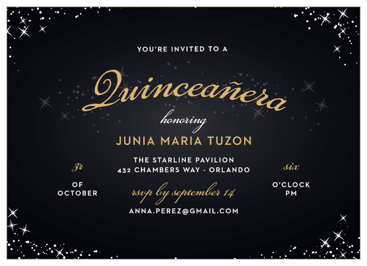 The Sparkle Dust Foil Quinceañera Party Invitation is artfully dusted with illustrations of sparkles across a luminous background that has a french grey center slowly transitioning into a rich black.