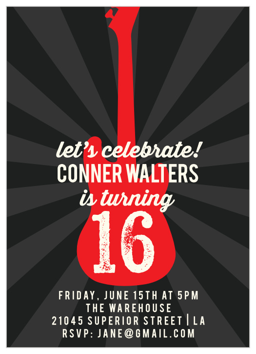 A bright red guitar serves as a fantastic centerpiece for our Rockin' School Sweet Sixteen Party Invitations.