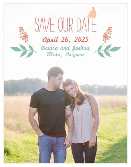 The Love Birds Save-the-Date Cards will give your guests the illusion of being in an enchanted garden, rousing in them feelings of both wonder and delight. 