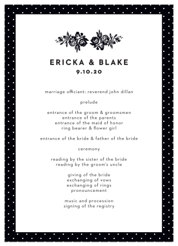 Featuring the same vintage design as the rest of the High Contrast wedding suite- a polka dot background, white overlay for your black text, and with artfully designed black blossoms topping the page-, these cards are a beautiful addition to your wedding collection.