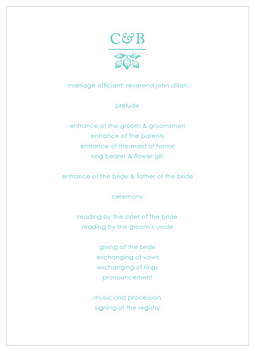 A vintage monogram heads the card, adorned with deep aqua, intricate botanical accents contrasted against a white background. 