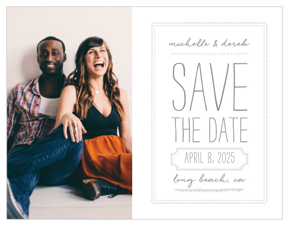 A careful combination of pseudo silver and dolphin grey done up in frames and varying fonts beside your engagement photo gives the Keep It Simple Save-the-Date Cards a modern, sophisticated feel, while still maintaining its minimalist design. 
