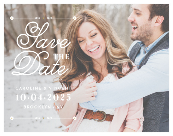 Vintage accents border an elegant swirling script atop your gorgeous engagement photo for our Modern Story Save-the-Date Magnets. 