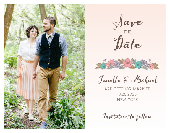 A lovely ballet pink descends seamlessly to white aside your engagement photo on the Proper Painterly Save-the-Date Magnets. 