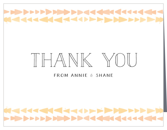 The Brooklyn Loft Thank You Cards are decorated with graphics of watercolored geometric designs in shades of orange, pink, and yellow. 